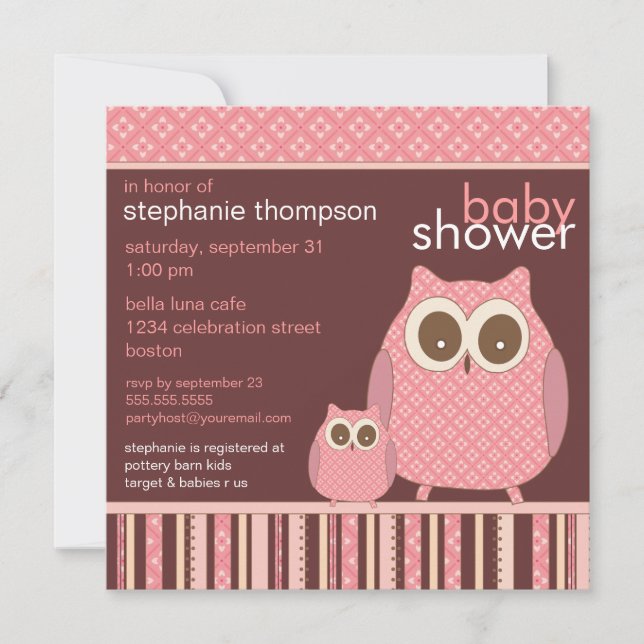 Invitación Mama Owl y Baby Owl PInk Baby Shower (Anverso)