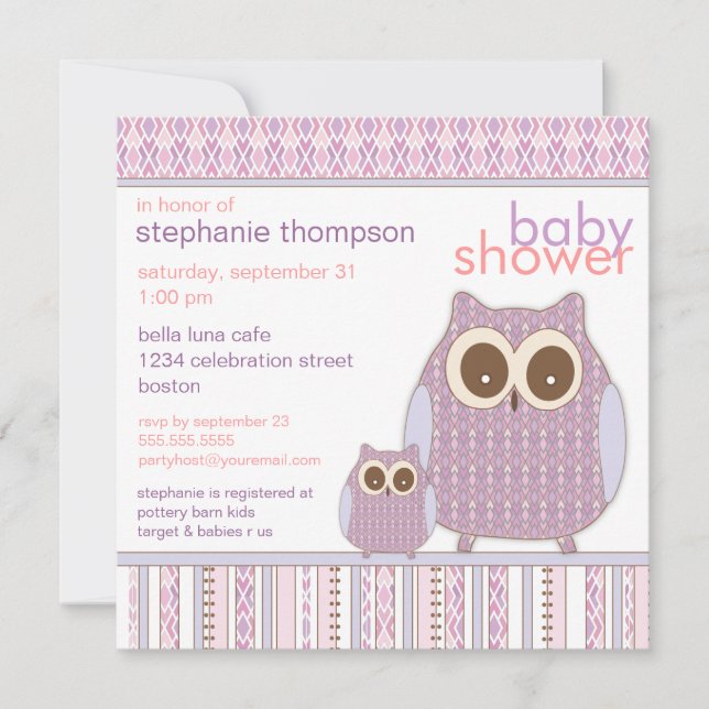 Invitación Mamá Owl y púrpura Baby Shower del búho del bebé (Anverso)