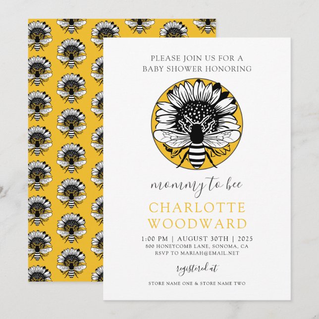 Invitación Mamá Para Abarcar La Abeja Del Sunflower Baby Show (Anverso / Reverso)