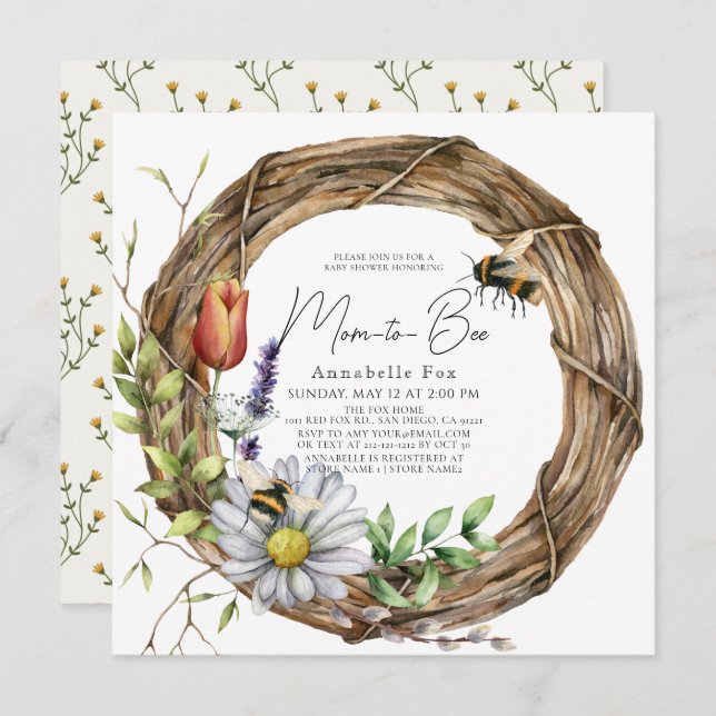 Invitación Mamá para Bee Floral Vine Wreath Baby Shower (Anverso / Reverso)