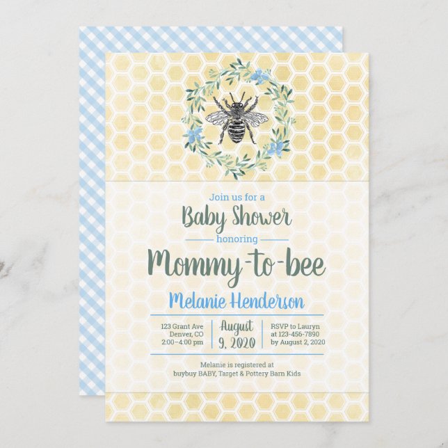 Invitación Mamá para ser, panza de miel, gingham, ducha de be (Anverso / Reverso)