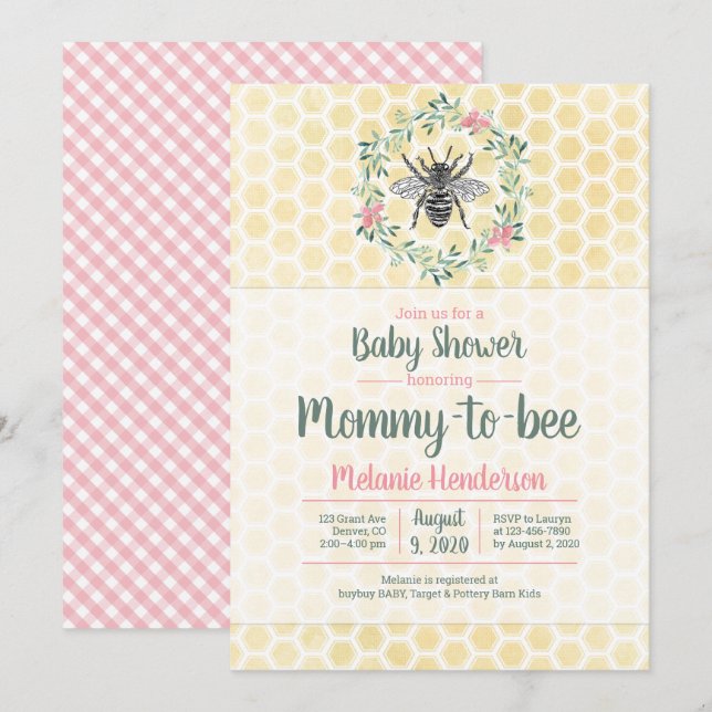 Invitación Mamá para ser, panza de miel, gingham, ducha de be (Anverso / Reverso)