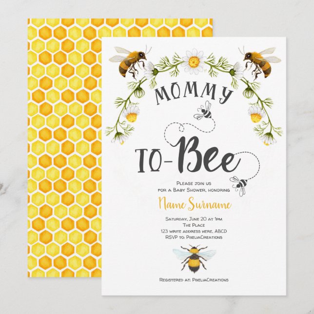 Invitación Mamá por venir, Bee Baby Shower (Anverso / Reverso)