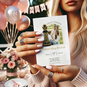 Invitación MAMÁ Reina de mi vida, Escritura Dorada Ajedrez Ne