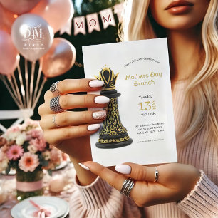 Invitación MAMÁ Reina de mi vida, Escritura Dorada Ajedrez Ne