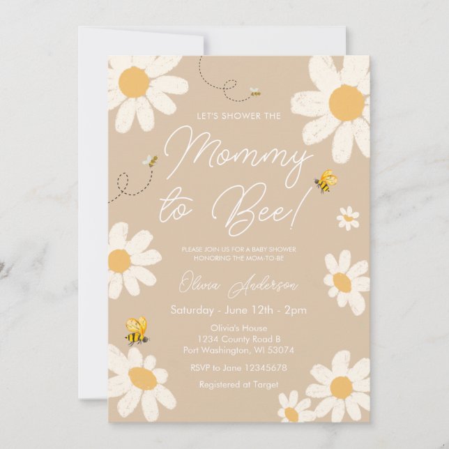Invitación Mamá retro de Bee Beige Daisy se va a Baby Shower (Anverso)