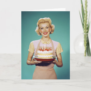 Invitación Mamá retro sostiene un pastel de celebración