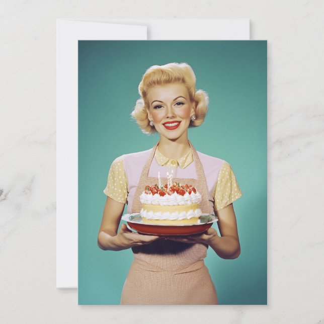 Invitación Mamá retro sostiene un pastel de celebración (Anverso)