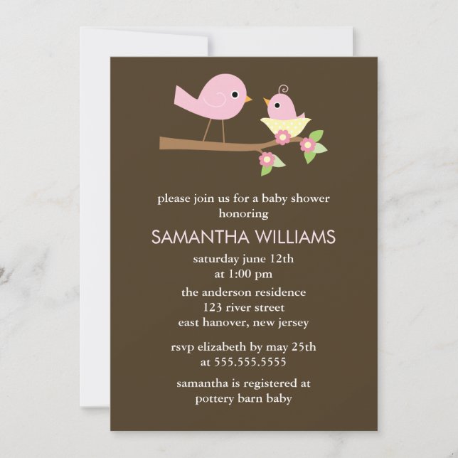 Invitación Mamá rosa y aves bebés en un Baby Shower nido (Anverso)