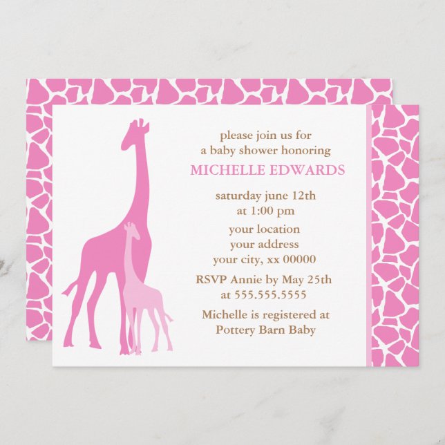 Invitación Mamá rosa y Chica de la jirafa Baby Shower (Anverso / Reverso)