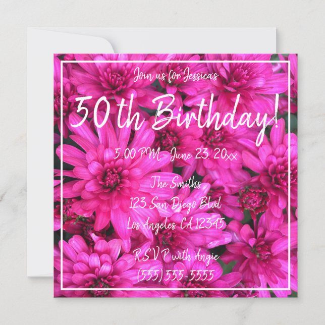 Invitación Mamá rosada Floral Foto Hot Pink 50 cumpleaños (Anverso)