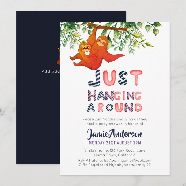 Invitación Mama SLOTH Colgando Alrededor Del Niño Azul (Anverso / Reverso)