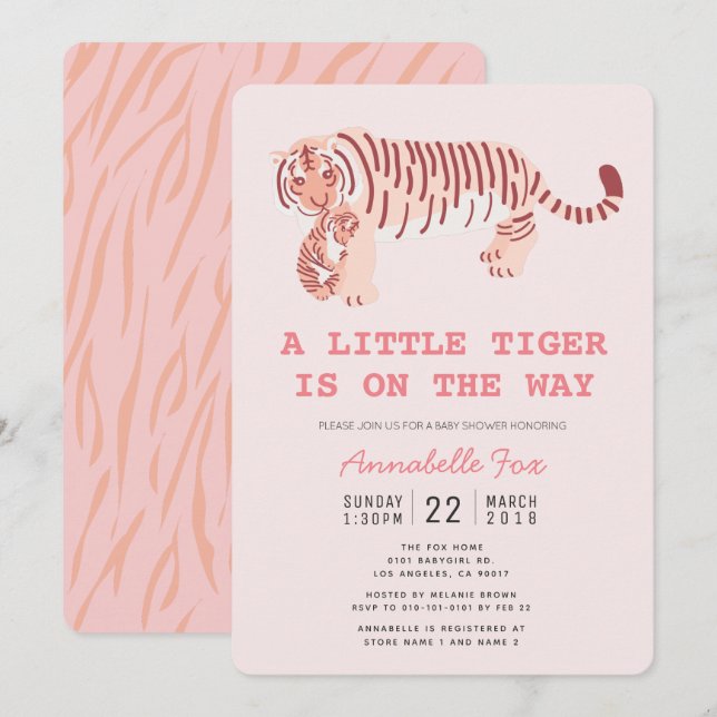 Invitación Mamá Tiger lleva una bebida rosada invitada a Baby (Anverso / Reverso)