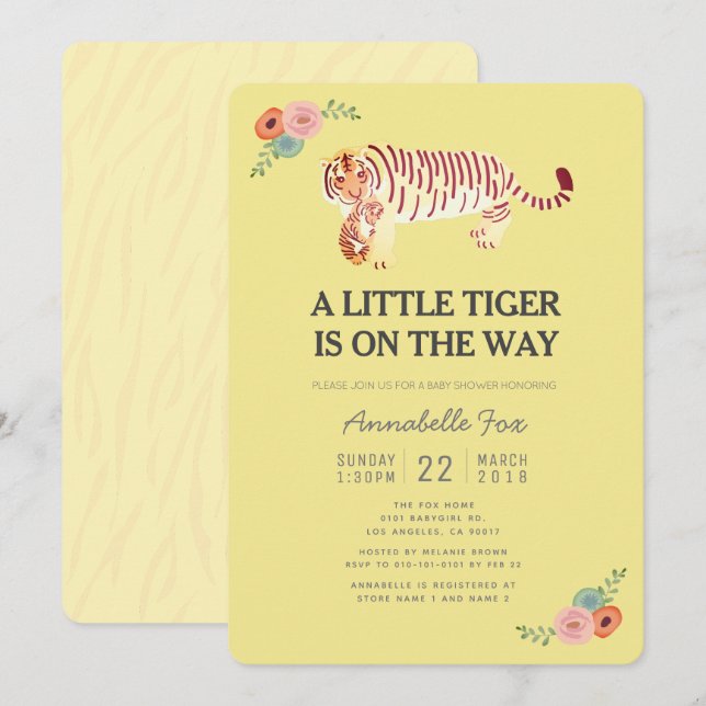 Invitación Mamá Tigre lleva una bebida amarilla de Baby Showe (Anverso / Reverso)