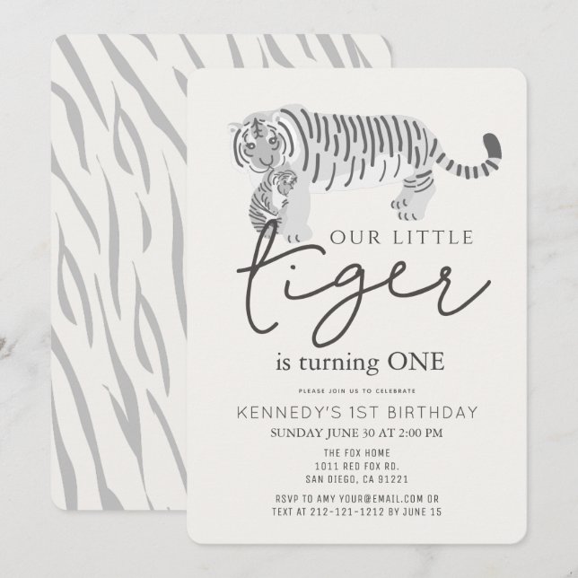 Invitación Mamá Tigre y Cub Crema Moderna Primer Cumpleaños (Anverso / Reverso)