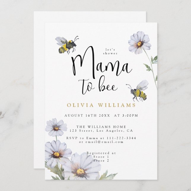 Invitación Mama to Bee Daisies Wildflower Baby Shower (Anverso / Reverso)