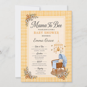 Invitación Mama To Bee Fiesta de Bebé con cuna de cuadros azu