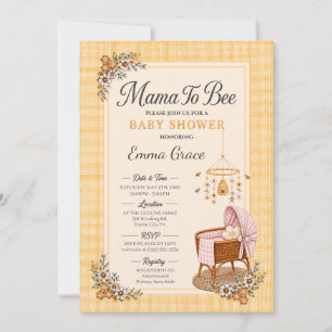 Invitación Mama To Bee Fiesta de Bebé con cuna de cuadros azu