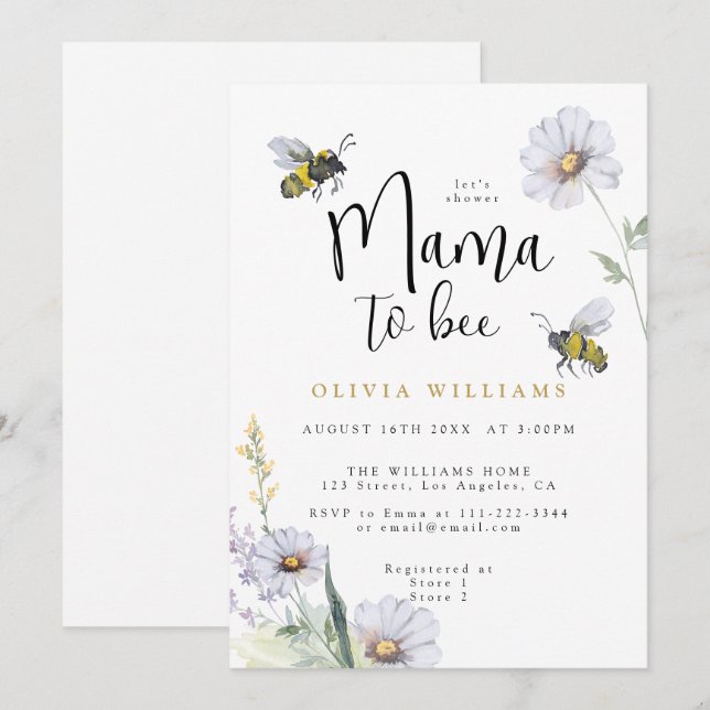 Invitación Mama to Bee Wildflower Daisy Baby Shower (Anverso / Reverso)