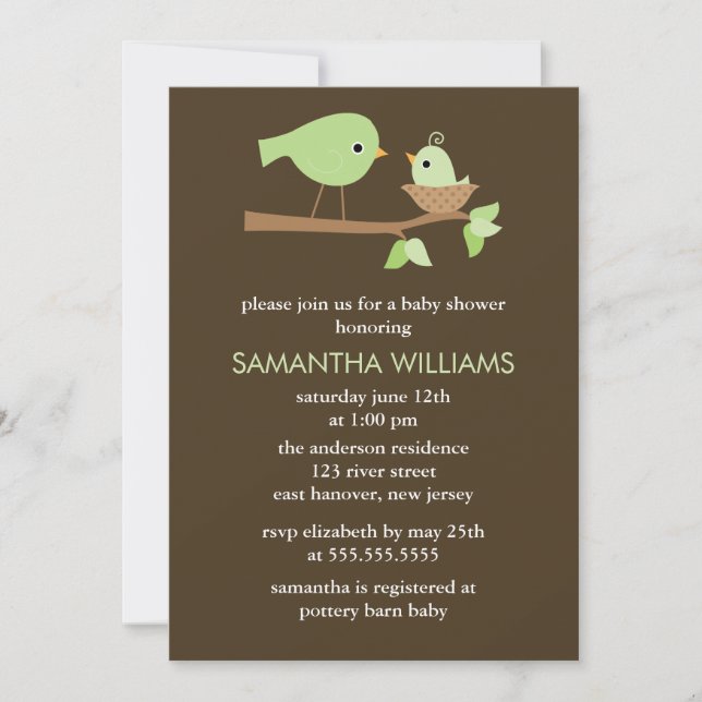 Invitación Mamá verde y aves bebé en un Baby Shower nido (Anverso)