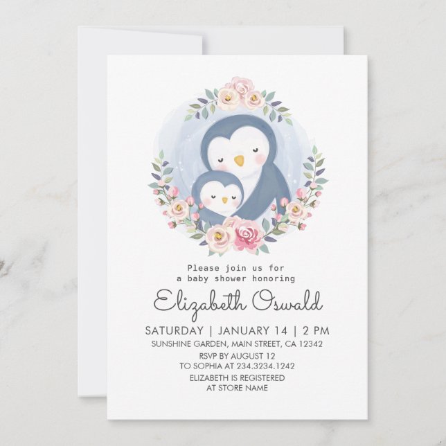 Invitación Mamá Y Baby Penguin Floral Baby Shower (Anverso)