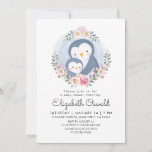 Invitación Mamá Y Baby Penguin Floral Baby Shower