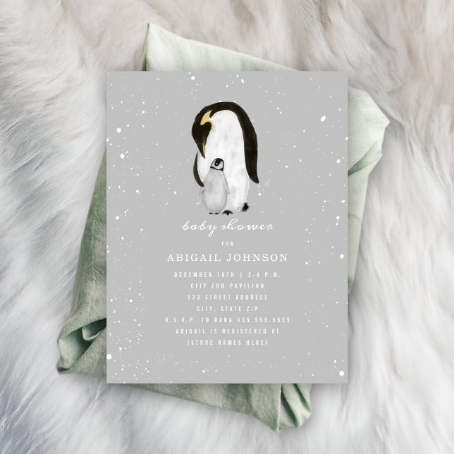 Invitación Mama y Baby Penguin Neutral Grey Baby Shower (Subido por el creador)