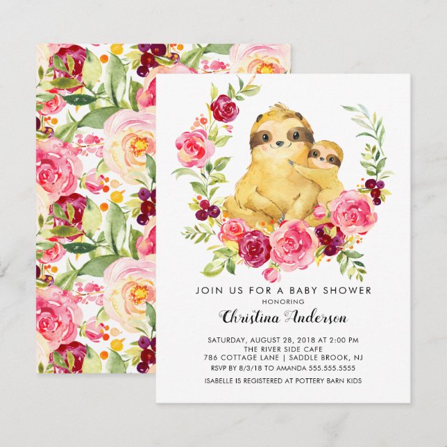 Invitación Mamá y Baby Sloth Baby Shower (Anverso / Reverso)
