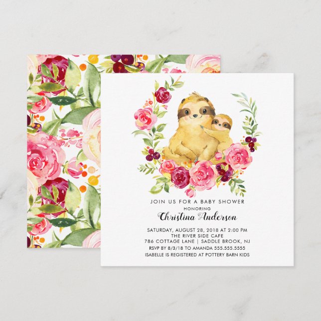 Invitación Mamá y Baby Sloth Baby Shower (Anverso / Reverso)