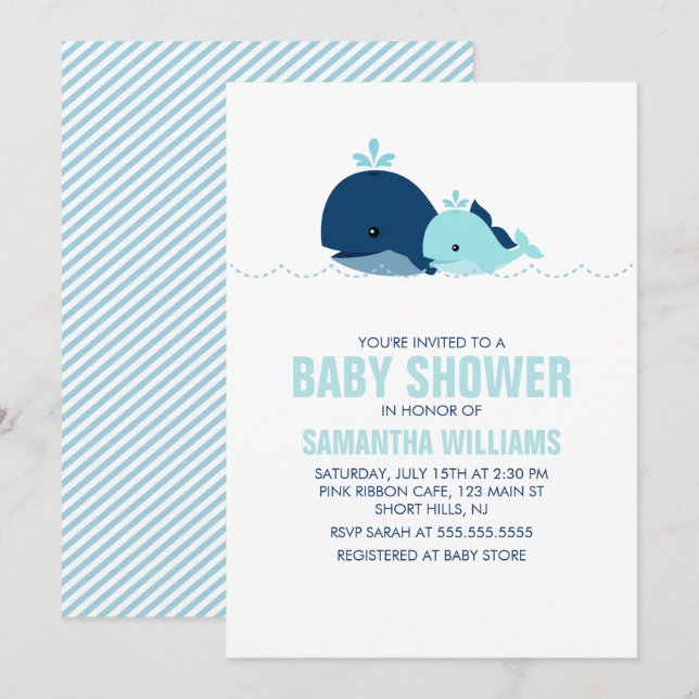 Invitación Mamá y bebé ballena Baby Shower {blue} (Anverso / Reverso)