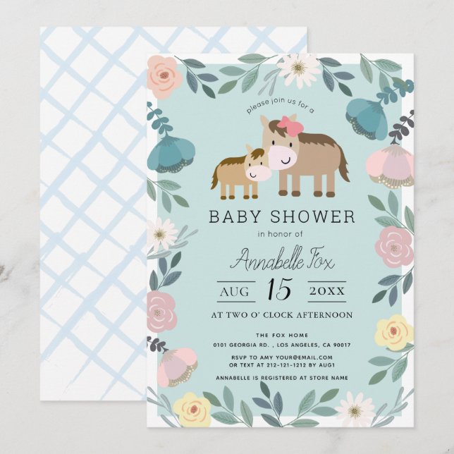 Invitación Mamá y bebé caballo Blue Floral Garden Baby Shower (Anverso / Reverso)