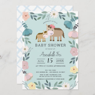 Invitación Mamá y bebé caballo Blue Floral Garden Baby Shower
