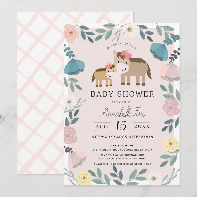 Invitación Mamá y bebé caballo Pink Floral Garden Baby Shower (Anverso / Reverso)