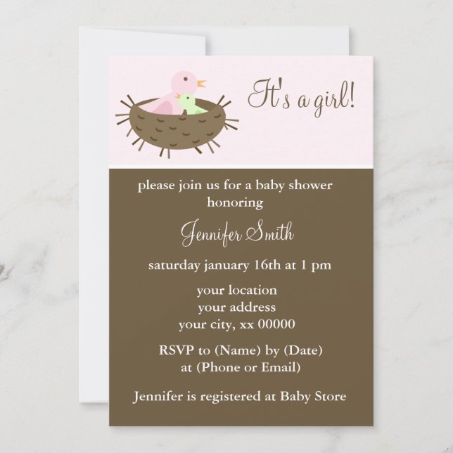 Invitación Mamá y bebé Chica de pájaro Baby Shower (Anverso)