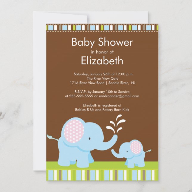Invitación Mamá y bebé elefante Baby Shower niño o Chica (Anverso)