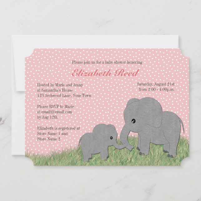 Invitación Mamá y bebé elefantes rosados invitan a Baby Showe (Anverso)