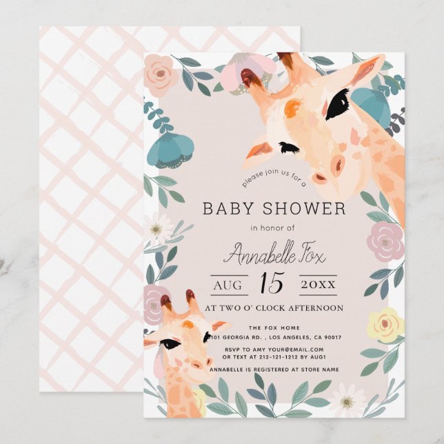 Invitación Mamá y bebé Giraffe Floral rosa Baby Shower (Anverso / Reverso)