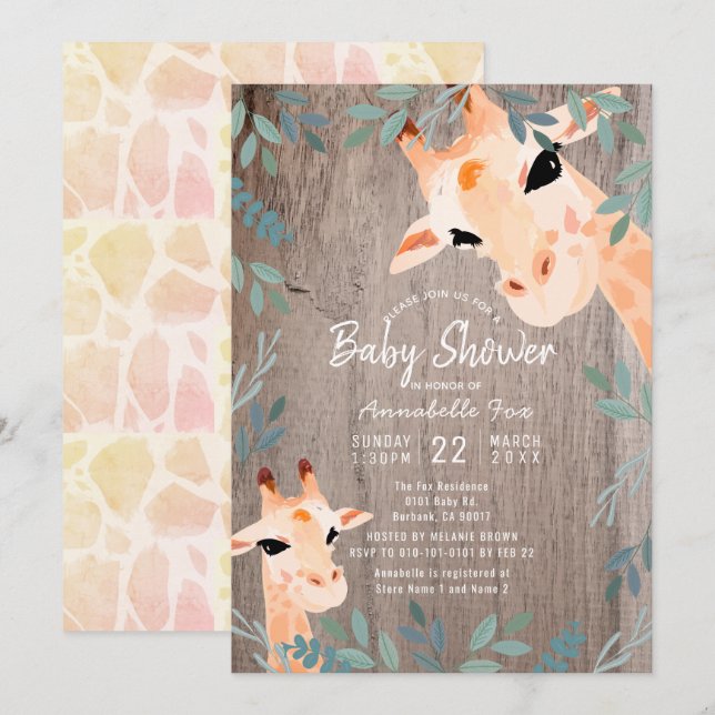 Invitación Mamá y bebé Giraffe Rustic Wood Baby Shower (Anverso / Reverso)