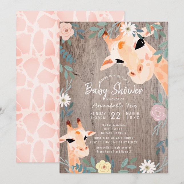Invitación Mamá y bebé Giraffe Rustic Wood Floral Baby Shower (Anverso / Reverso)