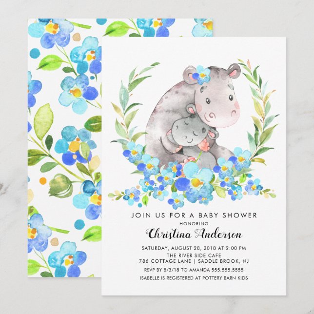 Invitación Mamá y bebé Hippo Baby Shower (Anverso / Reverso)