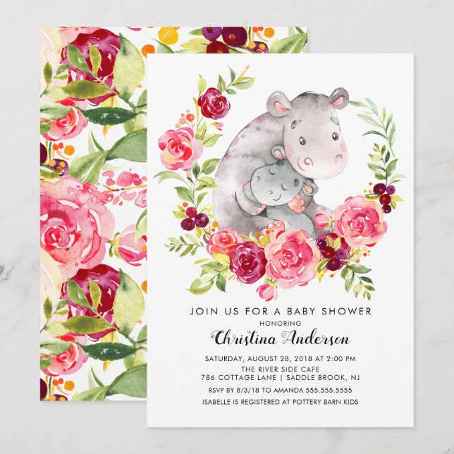 Invitación Mamá y bebé Hippo Baby Shower (Anverso / Reverso)