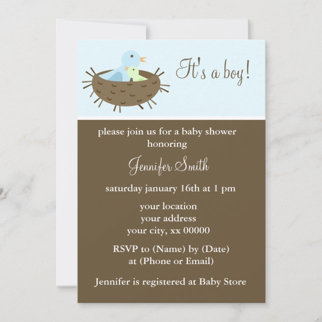 Invitación Mamá y bebé niño pájaros Baby Shower (Anverso)