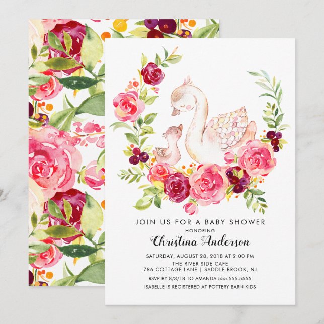 Invitación Mamá y bebé Swan Baby Shower (Anverso / Reverso)