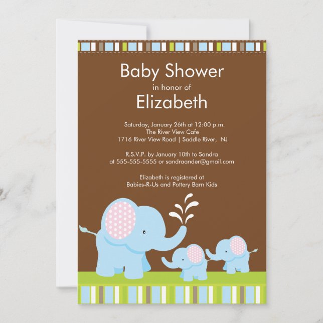 Invitación Mamá y bebés elefantes gemían Chica de Baby Shower (Anverso)