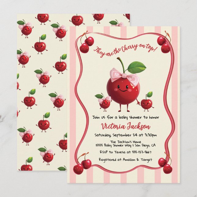Invitación Mamá y chica gemela Baby Cherry Baby Shower (Anverso / Reverso)