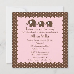 Invitación Mamá y Chicas gemelas, bebé elefante Baby Shower