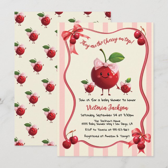 Invitación Mamá y chicas gemelos Baby Cherry Baby Shower (Anverso / Reverso)