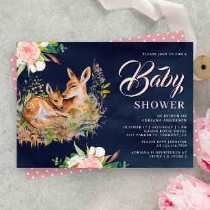 Invitación Mamá y Ciervo Bebé Floral Azul Marino Baby Shower