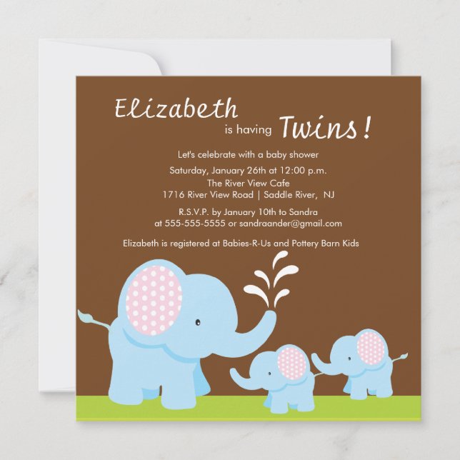 Invitación Mamá y dos elefantes Baby Shower, niño o Chica (Anverso)