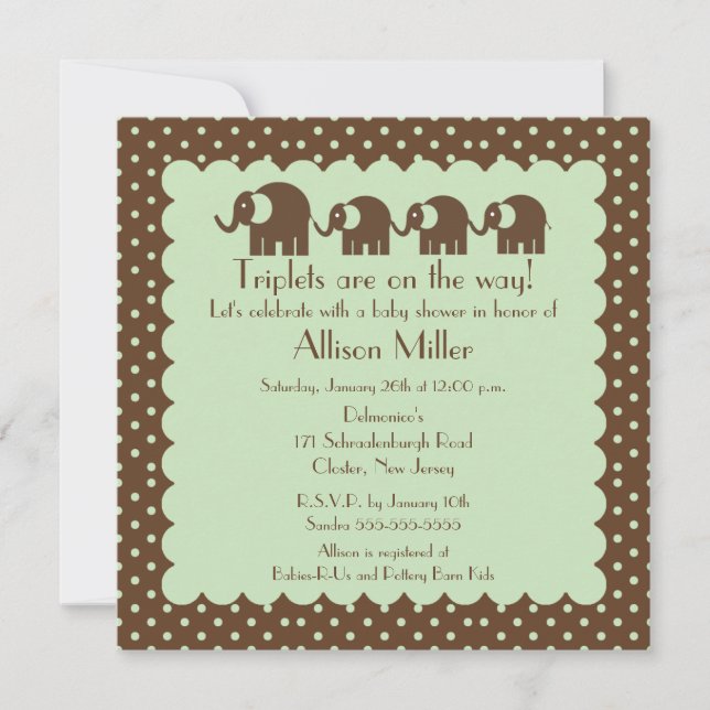 Invitación Mamá y elefante Baby Shower de los tríos (Anverso)